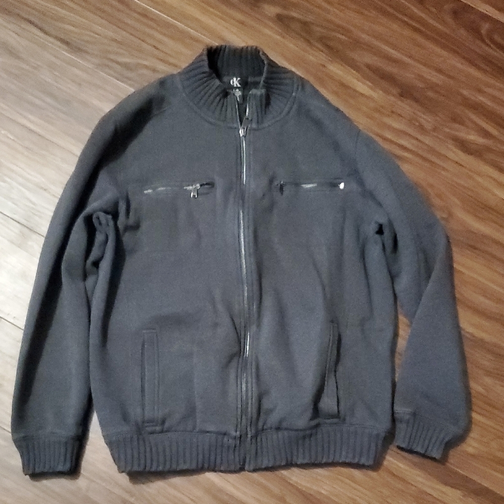 Calvin Klein Men's Charcoal Full-Zip Ribbed Collar Sweater Jacket